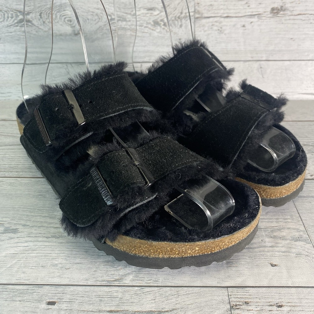 Birkenstock Arizona Sandals Womens 39 Black Suede Shearling Comfort Fuzzy L8 M6